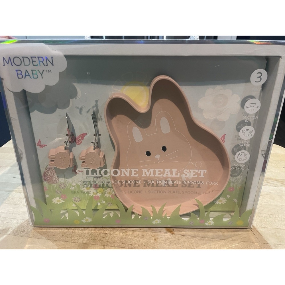 Modern Baby 3 Piece Silicone Toddler Bunny Meal Set /suction plate spoon/fork